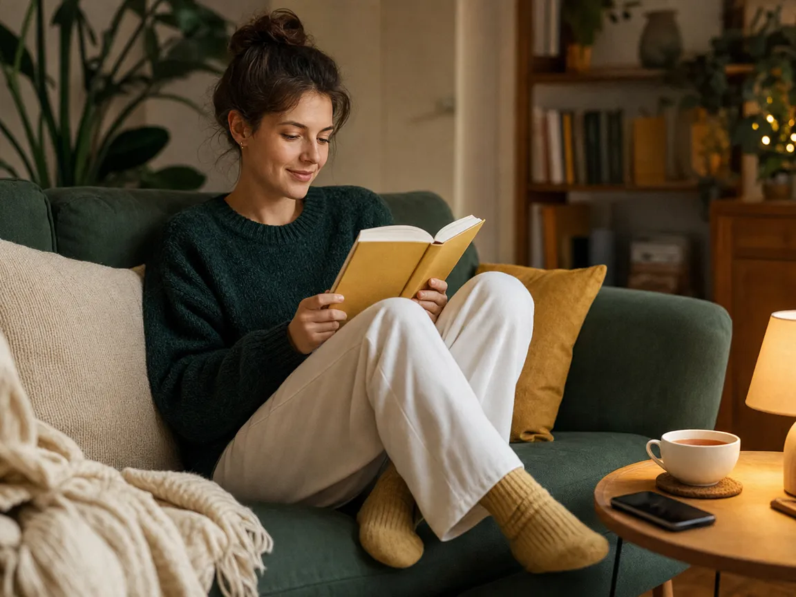Девушка читает книгу вечером на диване